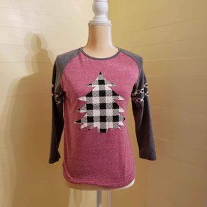 Christmas Raglan Sleeve Buffalo Plaid Tree Women's Holiday Shirt Size Small